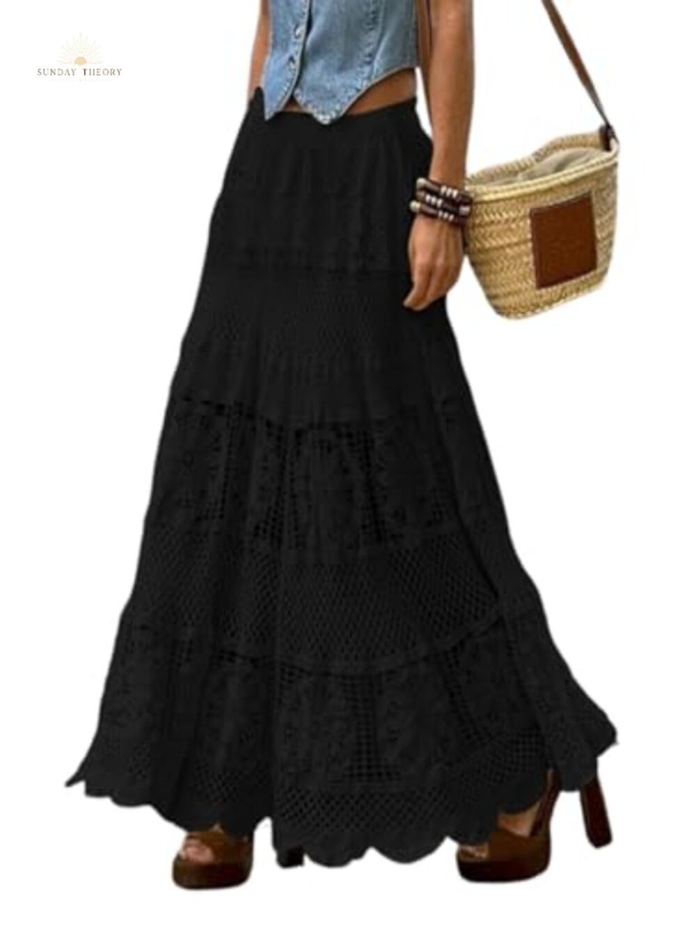 Women's Lace Crochet Knit Maxi A-Line Eyelet Flowy Long Skirt